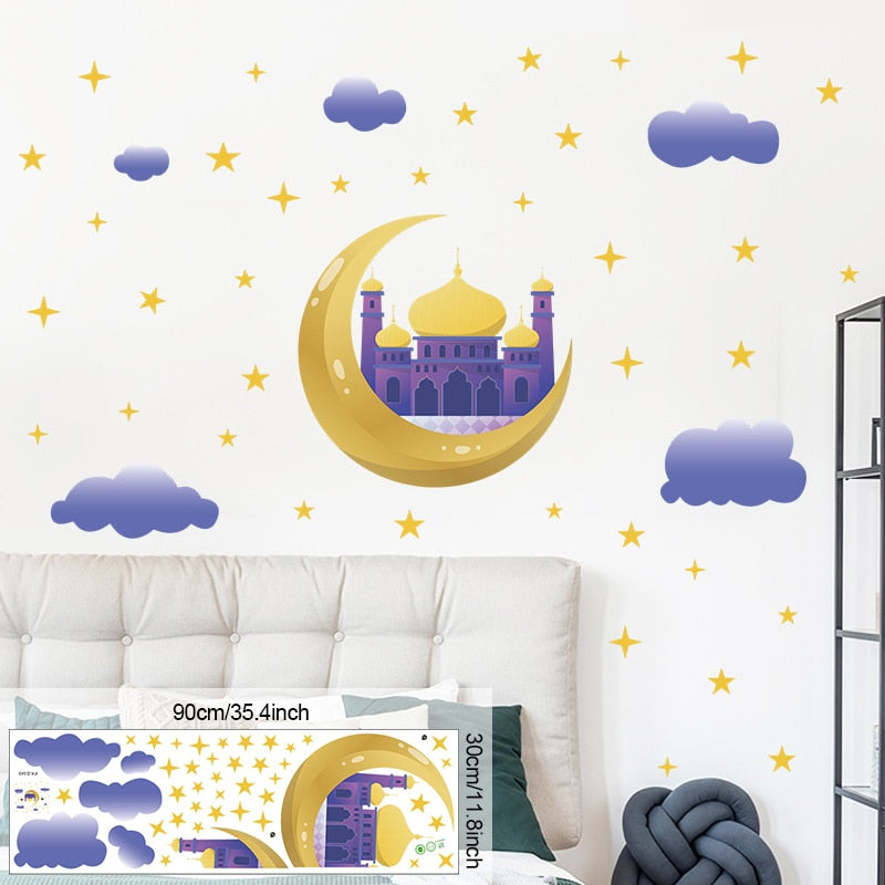 Ramadan Wall Stickers Moon Star Lantern DIY Wall Decal Ramadan Kareem Decoration For Home 2023 Islamic Muslim Mural Eid Mubarak