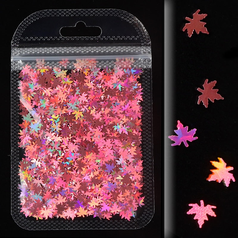 Holographic Maple Leaves Nail Glitter Sequins Laser Butterfly Letter Flakes DIY Autumn Nail Art Decoration Accessories and Tool