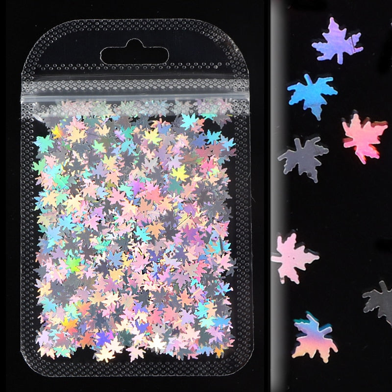 Holographic Maple Leaves Nail Glitter Sequins Laser Butterfly Letter Flakes DIY Autumn Nail Art Decoration Accessories and Tool