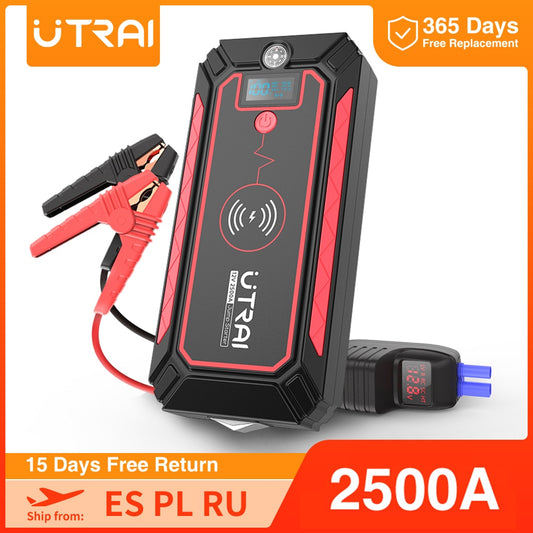 UTRAI 2500A Car Battery Starter Portable Power Bank 10W Wireless Charger LED Light Safety Hammer Car Jump Starter