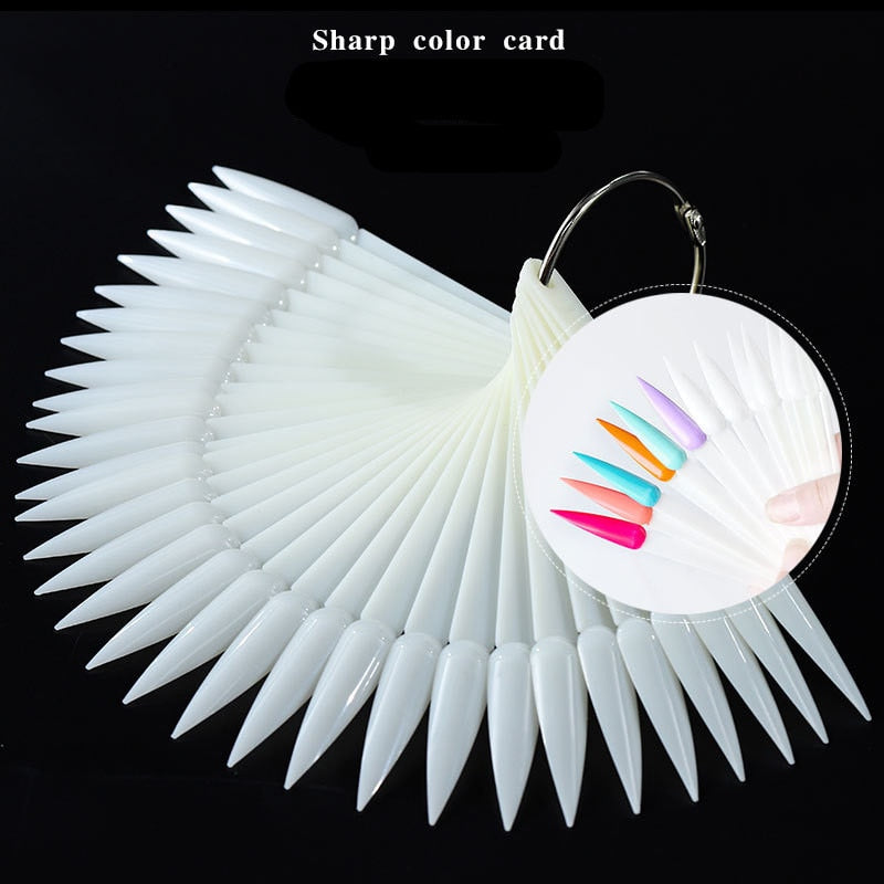 50pcs Sharp Fan Shaped Nail Art False Tips Polish Gel Color Practice Display Showing Card Sticks Manicure Tools