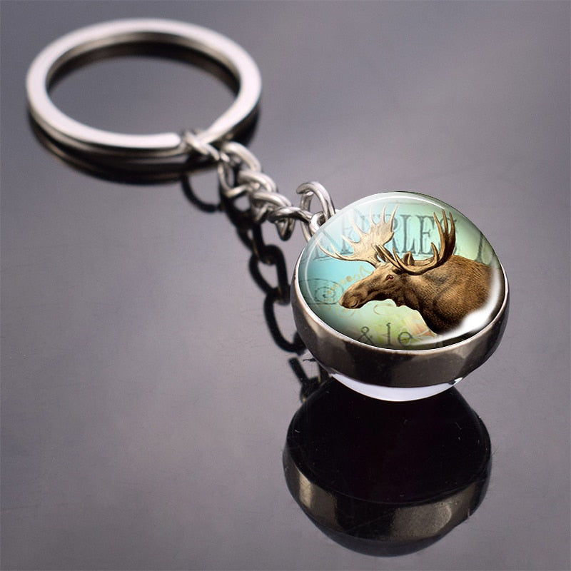 Animal Keychain Tiger Wolf Fox Lion Double Side Glass Ball Key Chain Black Cat Horse and Moon Key Ring Pendant Keyring