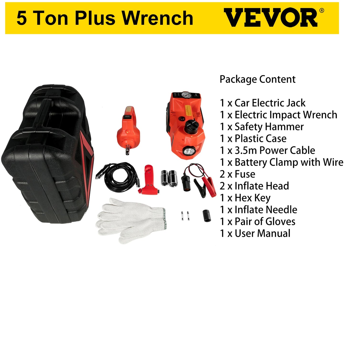 VEVOR 5 Ton 12V Car Jack Electric Hydraulic Jack Kit 45CM + Wrench Tire Inflator LED Light Portable Tire Lifting Car Repair Tool