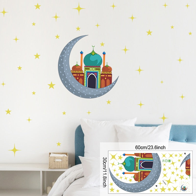 Ramadan Wall Stickers Moon Star Lantern DIY Wall Decal Ramadan Kareem Decoration For Home 2023 Islamic Muslim Mural Eid Mubarak