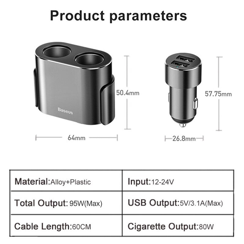 Baseus Cigarette Lighter Splitter 95W Dual USB Car Charger Adapter for Phone Dash Cam Charging