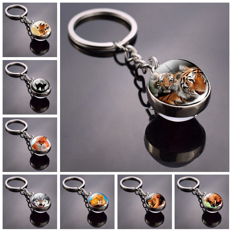 Animal Keychain Tiger Wolf Fox Lion Double Side Glass Ball Key Chain Black Cat Horse and Moon Key Ring Pendant Keyring