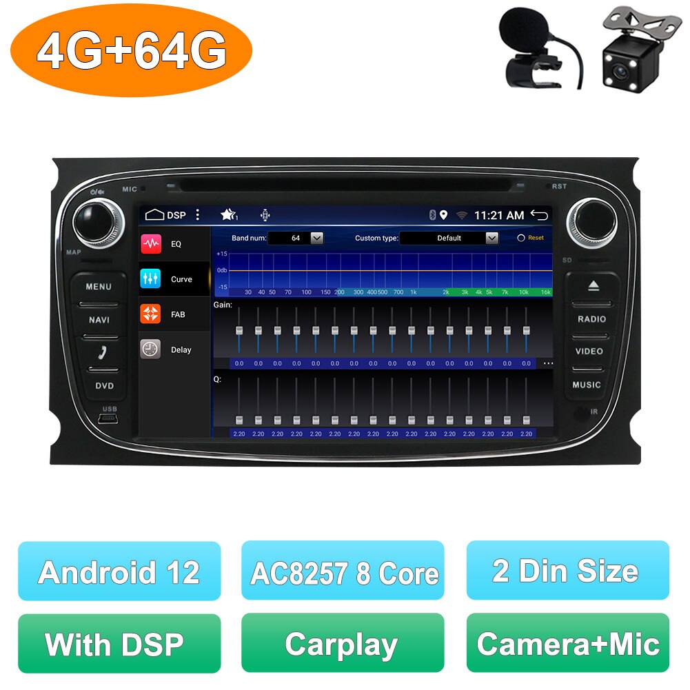 2 Din Android 12 Car DVD Multimedia Player GPS Navi For Ford Focus 2 Mondeo Galaxy S-Max Wifi Car Radio Stereo DSP Carplay 4+64G