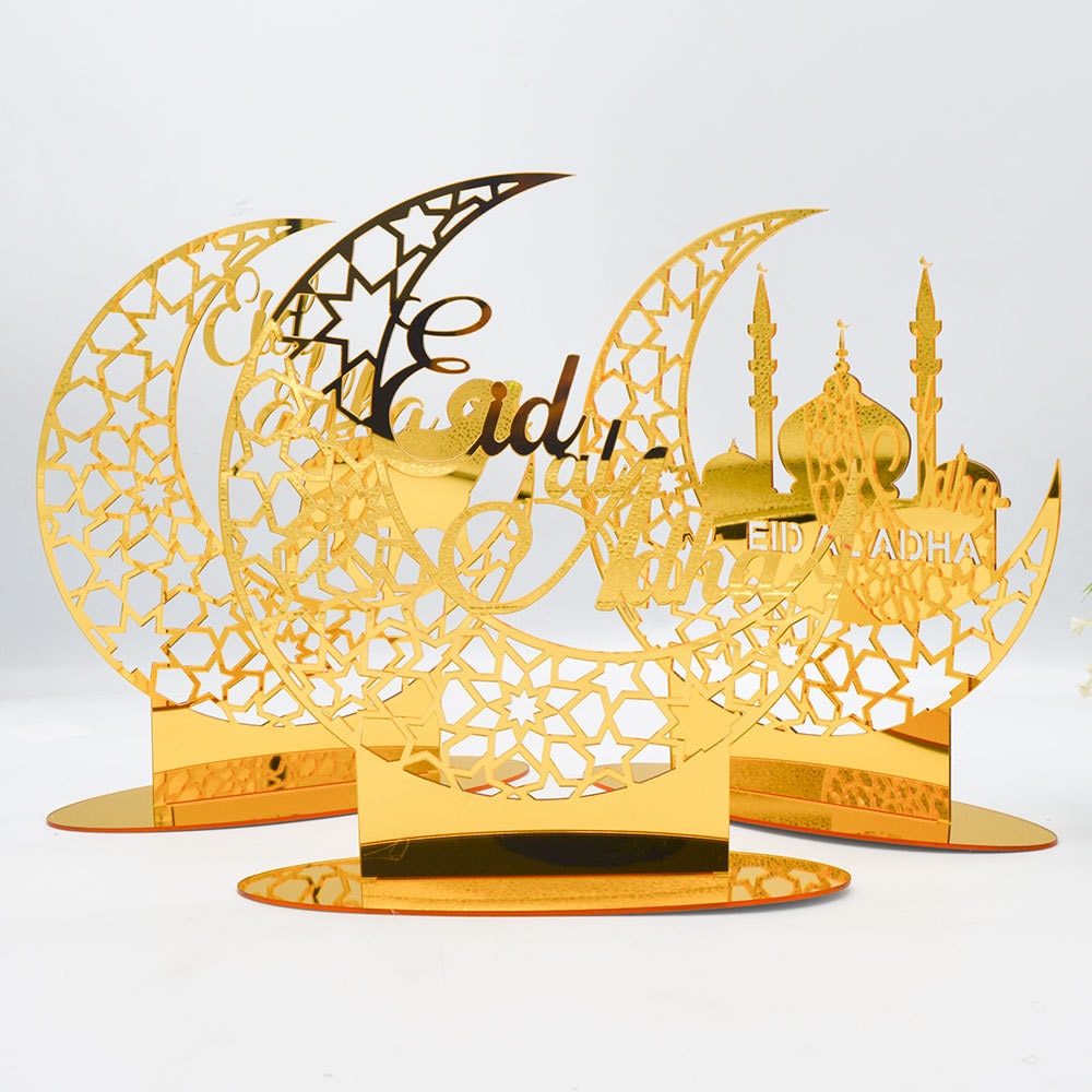 Eid Mubarak Gold Silver Acrylic Ornament Hollow Out Ramadan Kareem Eid Party Decoration Muslim Islamic Festival Home Supplies