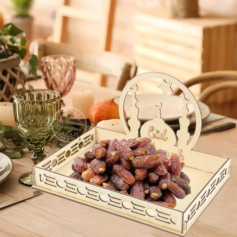 Wooden Eid Mubarak Food Tray Ramadan Decoration for Home Eid Al Adha Islamic Ramadan Kareem Muslim Party Decor Eid Mubarak Gifts