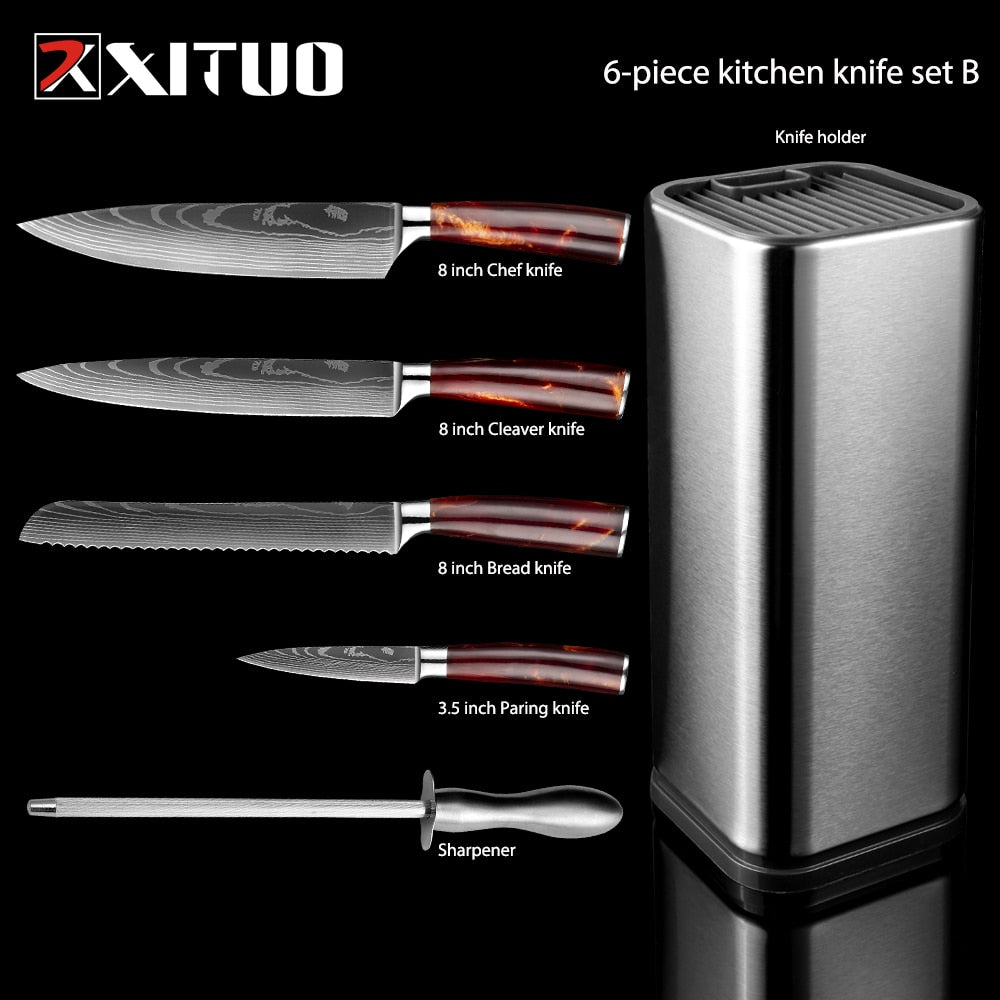 XITUO Kitchen Chef Set 4-8PCS set  Knife Stainless Steel Knife Holder Santoku Utility Cut Cleaver Bread Paring Knives Scissors