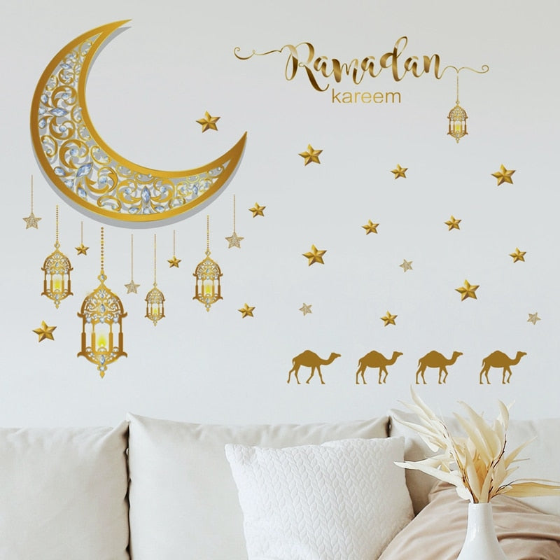 Ramadan Wall Stickers Moon Star Lantern DIY Wall Decal Ramadan Kareem Decoration For Home 2023 Islamic Muslim Mural Eid Mubarak