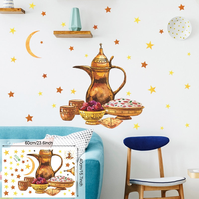 Ramadan Wall Stickers Moon Star Lantern DIY Wall Decal Ramadan Kareem Decoration For Home 2023 Islamic Muslim Mural Eid Mubarak