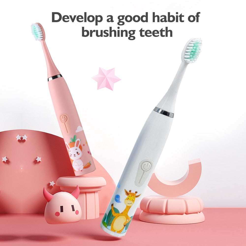 Children&#39;s Electric Ultrasonic Toothbrush Soft Bristled Cartoon 4 Mode IPX6 Waterproof Teeth Prevention Decay Cleaner USB Charge