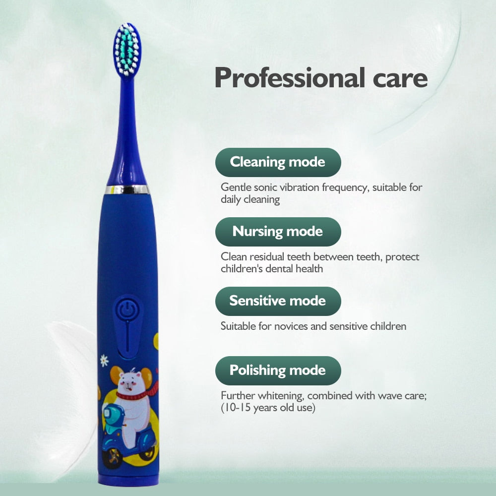 Children&#39;s Electric Ultrasonic Toothbrush Soft Bristled Cartoon 4 Mode IPX6 Waterproof Teeth Prevention Decay Cleaner USB Charge