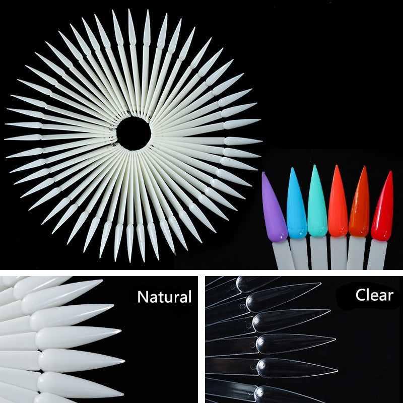 50pcs Sharp Fan Shaped Nail Art False Tips Polish Gel Color Practice Display Showing Card Sticks Manicure Tools