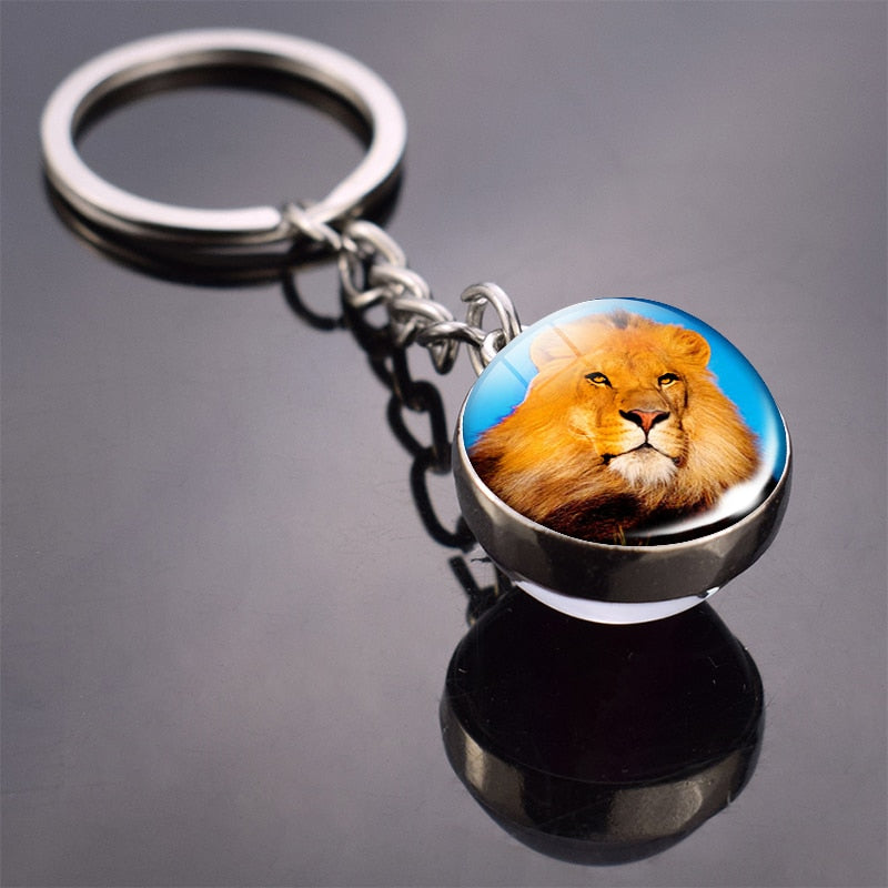 Animal Keychain Tiger Wolf Fox Lion Double Side Glass Ball Key Chain Black Cat Horse and Moon Key Ring Pendant Keyring