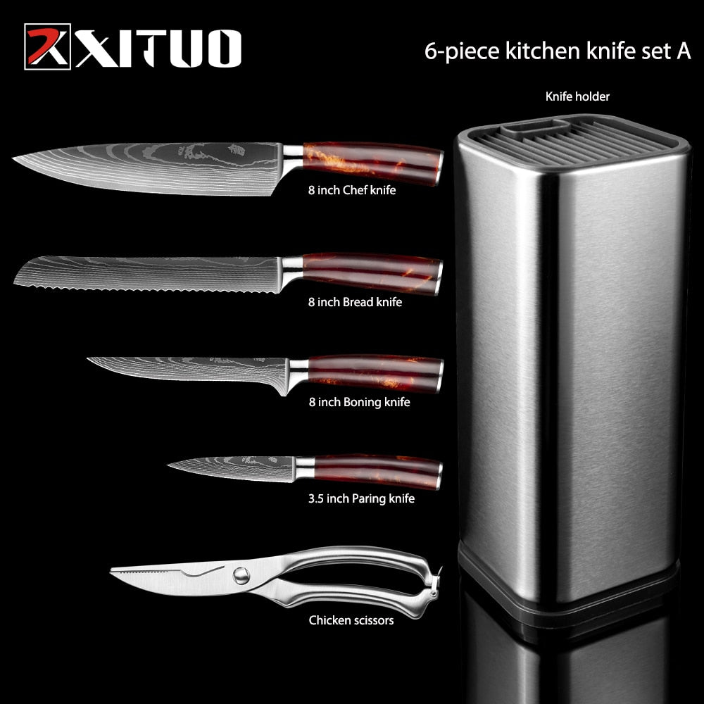 XITUO Kitchen Chef Set 4-8PCS set  Knife Stainless Steel Knife Holder Santoku Utility Cut Cleaver Bread Paring Knives Scissors