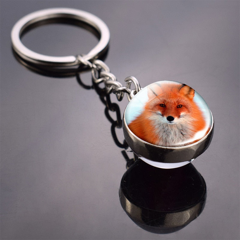 Animal Keychain Tiger Wolf Fox Lion Double Side Glass Ball Key Chain Black Cat Horse and Moon Key Ring Pendant Keyring