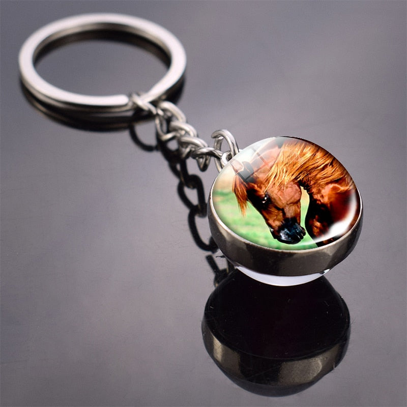 Animal Keychain Tiger Wolf Fox Lion Double Side Glass Ball Key Chain Black Cat Horse and Moon Key Ring Pendant Keyring