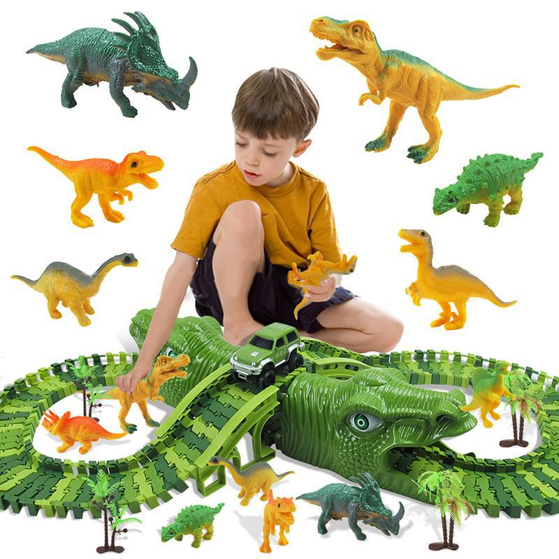 153pcs Dinosaur Electric Rail Car Track Racing Toy Set Bend Flexible Race Track Flash Light Car Educational Toys for Kids Gift