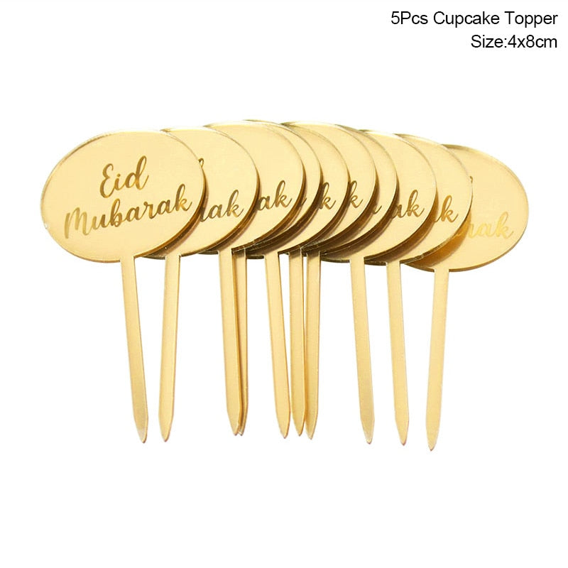 Golden Eid Mubarak Acrylic Cake Toppers Castle Moon CupCake Topper for Ramadan Islamic Muslim Festival Party Cake DIY Decoration