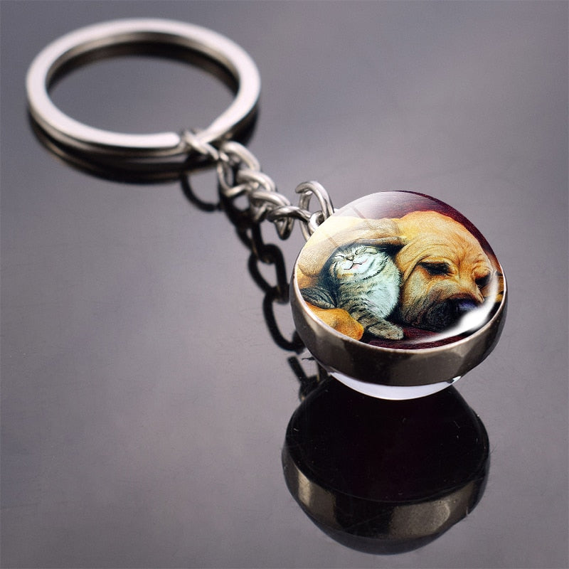 Animal Keychain Tiger Wolf Fox Lion Double Side Glass Ball Key Chain Black Cat Horse and Moon Key Ring Pendant Keyring