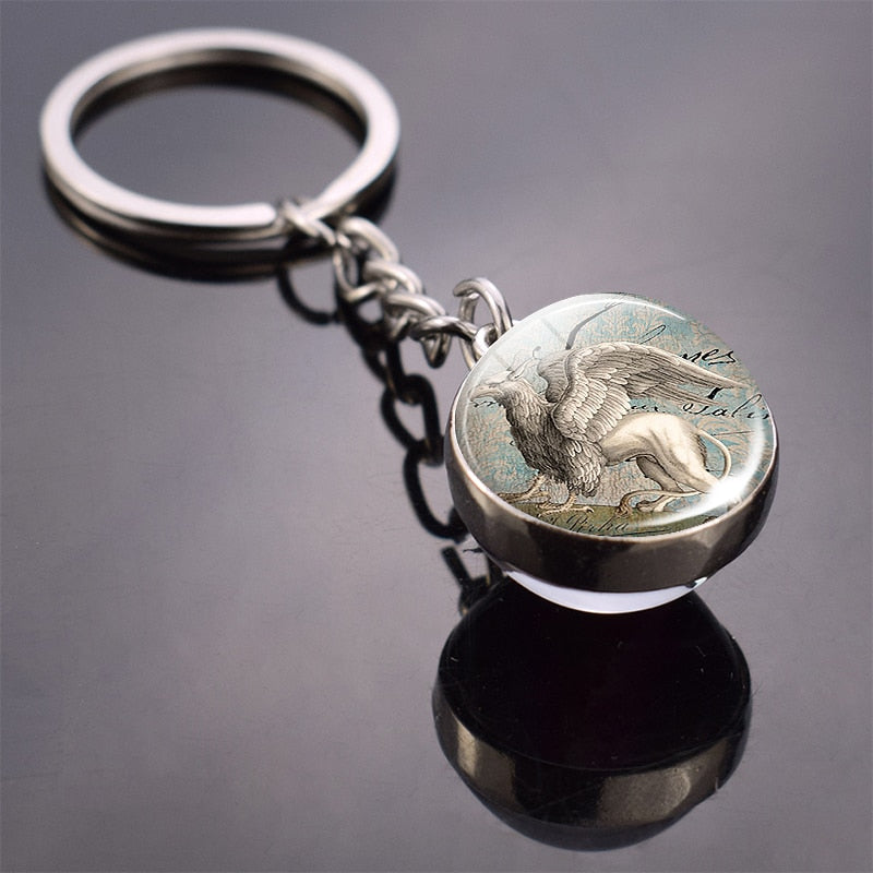 Animal Keychain Tiger Wolf Fox Lion Double Side Glass Ball Key Chain Black Cat Horse and Moon Key Ring Pendant Keyring