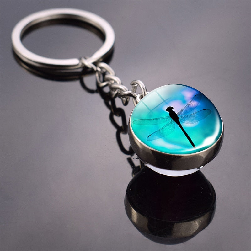 Animal Keychain Tiger Wolf Fox Lion Double Side Glass Ball Key Chain Black Cat Horse and Moon Key Ring Pendant Keyring