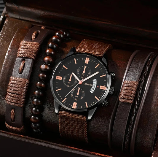 Men's Cool Fashion Casual Trendy Round Pointer
Quartz Watch &3Pcs Bracelets