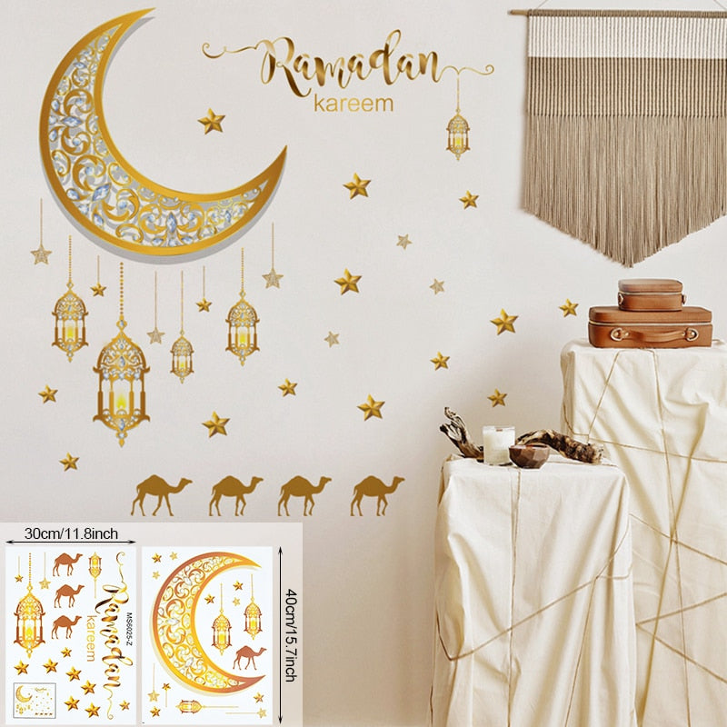 Ramadan Wall Stickers Moon Star Lantern DIY Wall Decal Ramadan Kareem Decoration For Home 2023 Islamic Muslim Mural Eid Mubarak