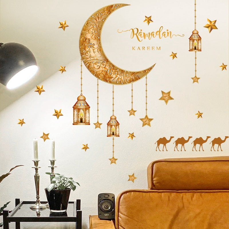 Ramadan Wall Stickers Moon Star Lantern DIY Wall Decal Ramadan Kareem Decoration For Home 2023 Islamic Muslim Mural Eid Mubarak