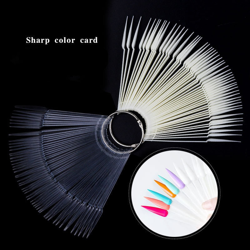 50pcs Sharp Fan Shaped Nail Art False Tips Polish Gel Color Practice Display Showing Card Sticks Manicure Tools