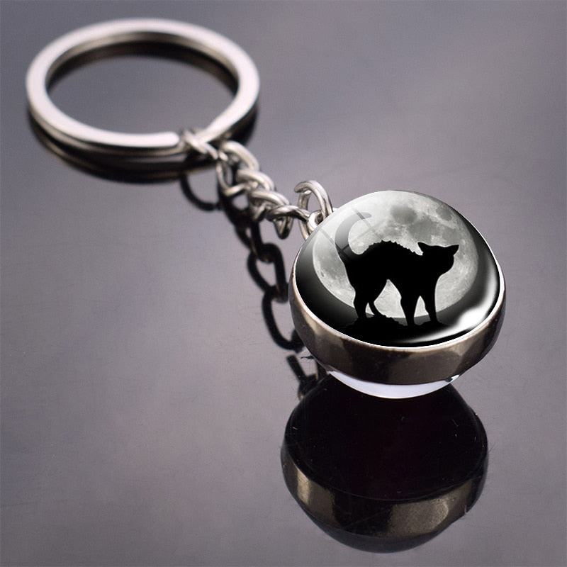 Animal Keychain Tiger Wolf Fox Lion Double Side Glass Ball Key Chain Black Cat Horse and Moon Key Ring Pendant Keyring