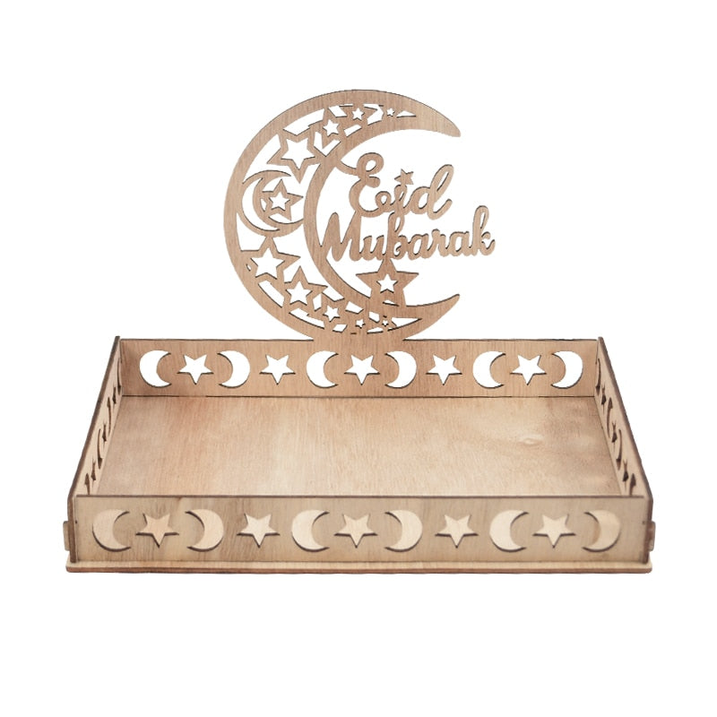 Wooden Eid Mubarak Food Tray Ramadan Decoration for Home Eid Al Adha Islamic Ramadan Kareem Muslim Party Decor Eid Mubarak Gifts