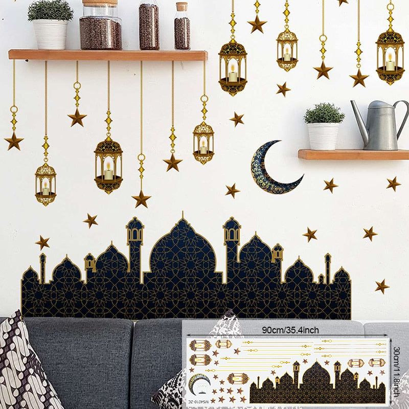 Ramadan Wall Stickers Moon Star Lantern DIY Wall Decal Ramadan Kareem Decoration For Home 2023 Islamic Muslim Mural Eid Mubarak