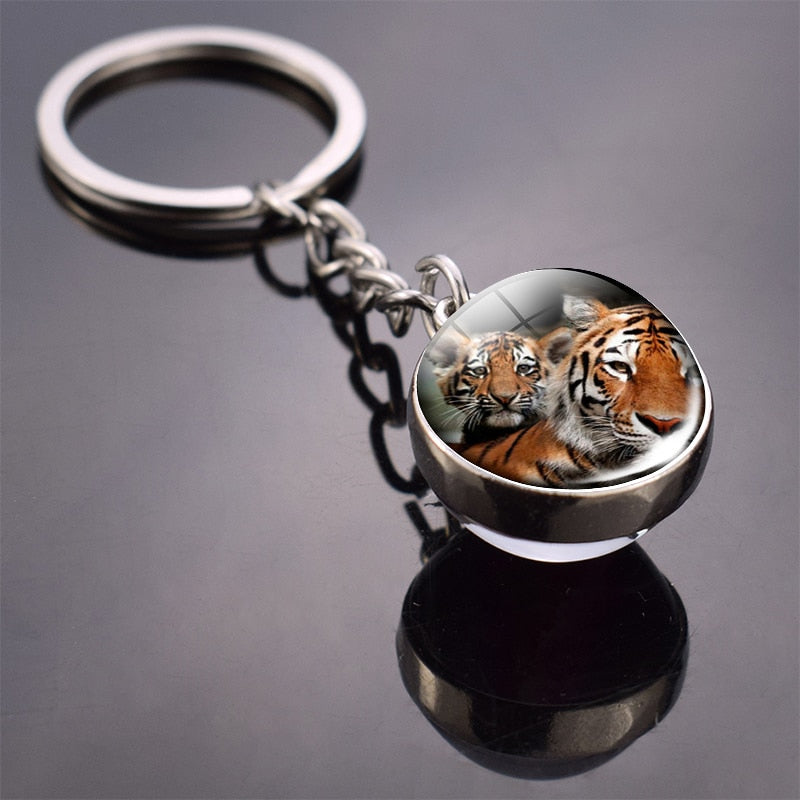 Animal Keychain Tiger Wolf Fox Lion Double Side Glass Ball Key Chain Black Cat Horse and Moon Key Ring Pendant Keyring