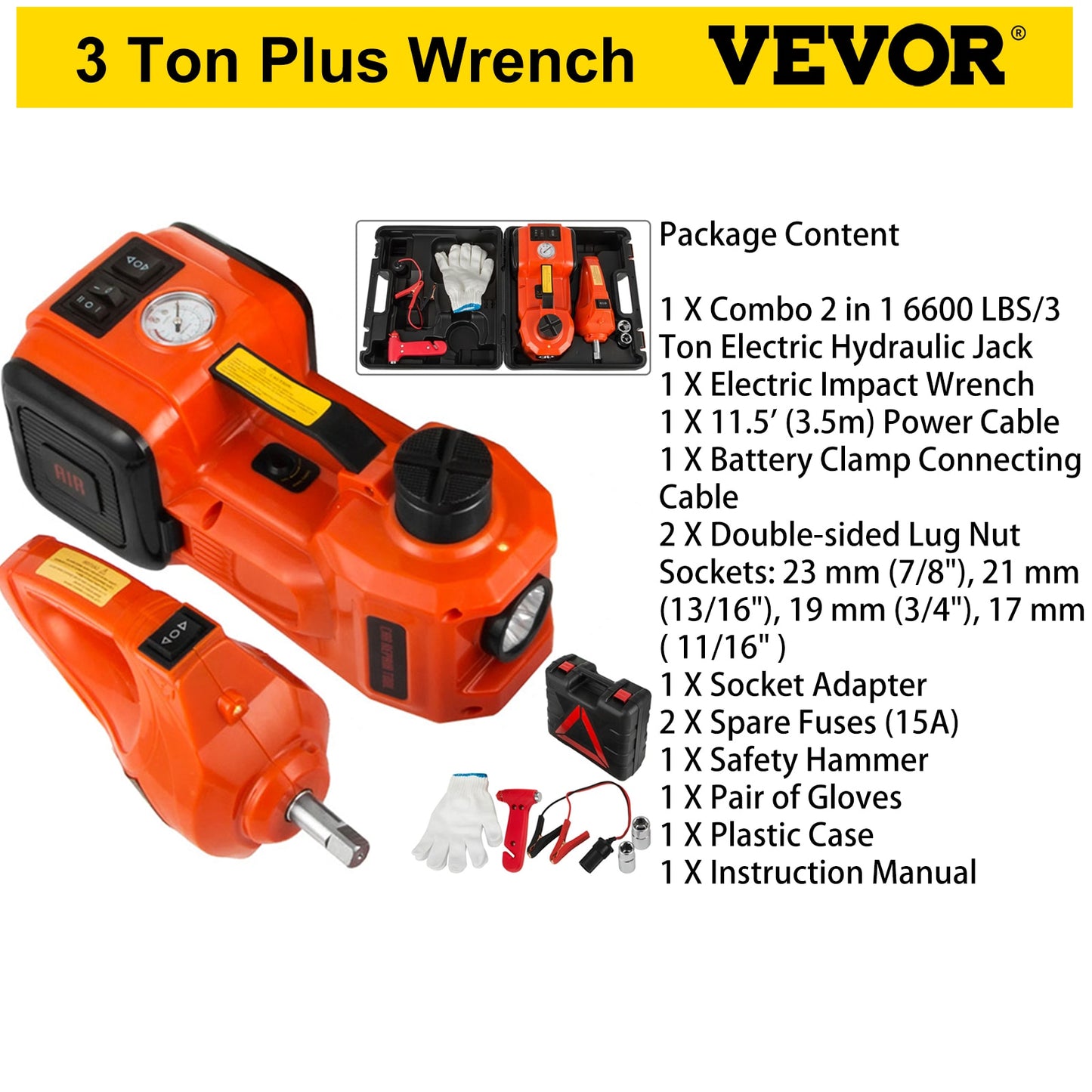 VEVOR 5 Ton 12V Car Jack Electric Hydraulic Jack Kit 45CM + Wrench Tire Inflator LED Light Portable Tire Lifting Car Repair Tool